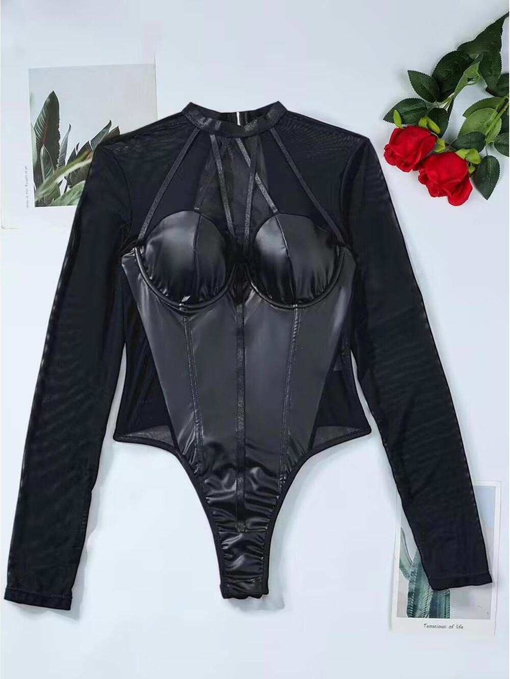 New Black Bodysuit Gothic Blouse Mesh Panel Strap Front Size Large Top